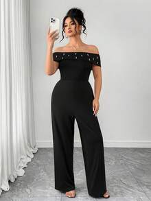 Elenzga Bộ áo liền quần cỡ lớn thanh lịch đính hạt, kiểu trễ vai, màu trơn, áo liền quần cỡ lớn dành cho nữ, áo liền quần đính hạt, bộ quần áo cỡ lớn kèm quần, áo liền quần trễ vai dành cho nữ, áo liền quần nữ. - màu đen - Xem 4