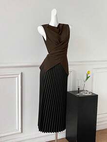 SHEIN LUNE Áo kiểu nữ thời trang, thanh lịch, phù hợp đi làm, đi nghỉ mát, mặc hàng ngày vào mùa xuân/hè, màu nâu, cổ áo xếp ly, dây đeo chéo thắt nơ. - màu nâu - Xem 3