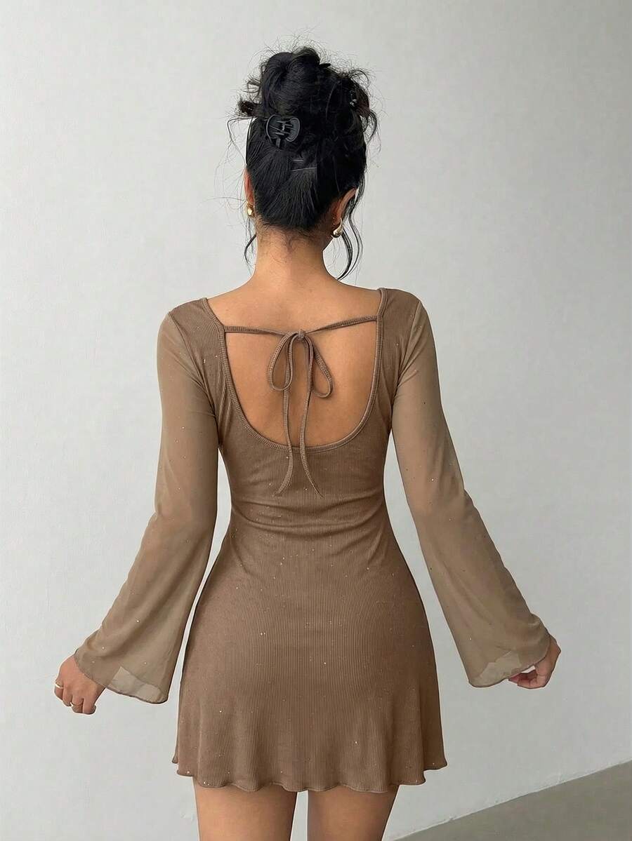 Aloruh Gaun Elegan Warna Polos dengan Tali di Belakang, Cocok untuk Pakaian Kasual & Pesta - Khaki - View 1