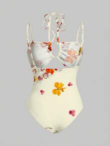 Y2Kool Maria Clara Maia Artist Boho Bohemian Women Vacation Plants Print Cut Out Halter Bodysuit, For Summer, Holiday, Beach, Festival, Ibiza Fits Gyaru Graphic Bodysuit Party Bodysuit,Valentine's Day - Beige - View 4