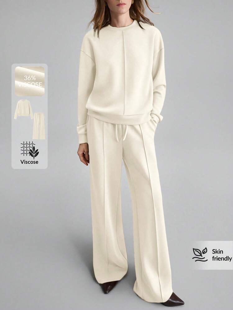 2026SS New Summer 2-Piece Set, Apricot Color, Casual Sporty Commuter Comfortable Outfit, Elegant Loose Fit, Suitable For Work, Office, Professional Women, Business Casual, Daily Wear, Urban Fashion, Women's Sweatshirt, Top, Pants, Holiday Attire, Fashionable Versatile 2-Piece Set