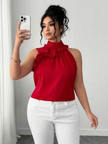 Elenzga Red Plain Cold Shoulder Sleeveless Plus Size Top With Ruffle Stand Collar Elegant Blouse - Red - View 1