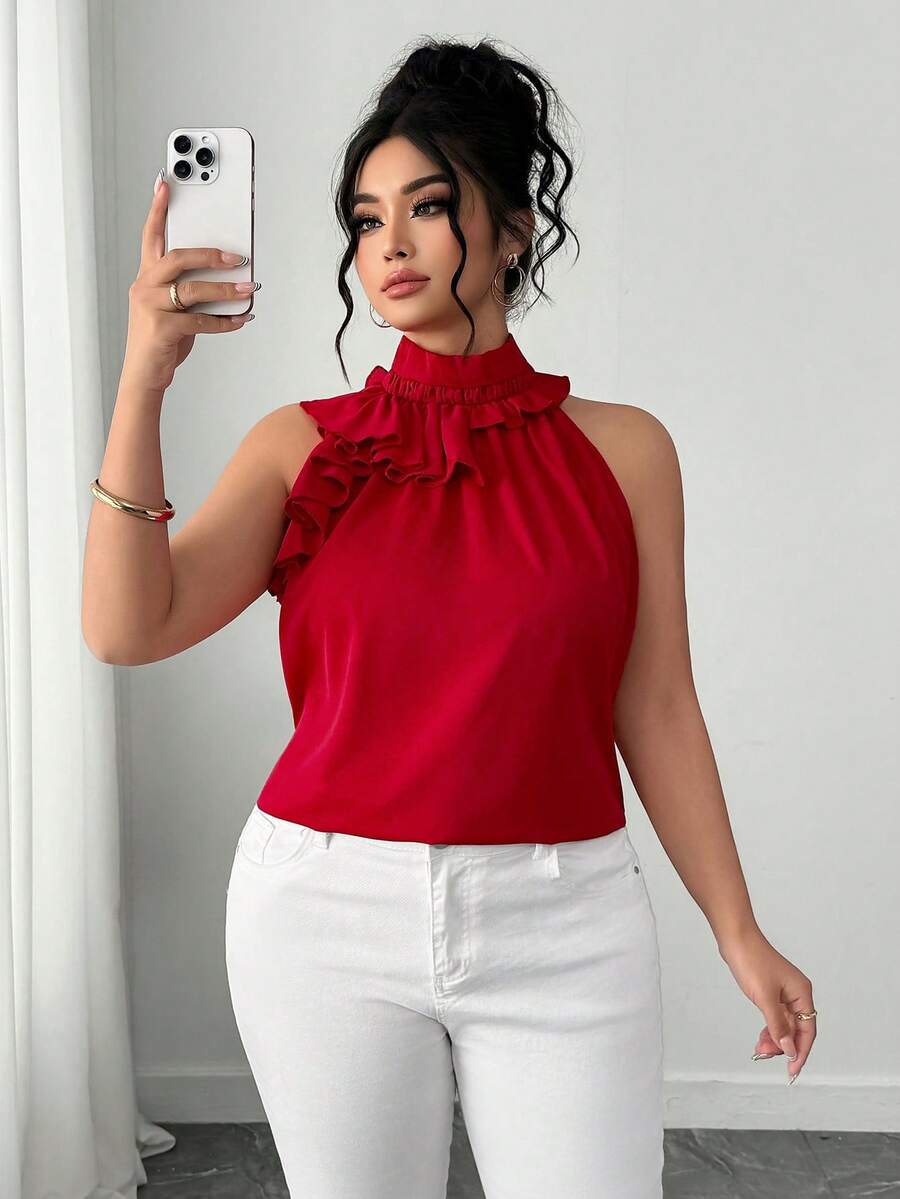 Elenzga Red Plain Cold Shoulder Sleeveless Plus Size Top With Ruffle Stand Collar Elegant Blouse - Red - View 1