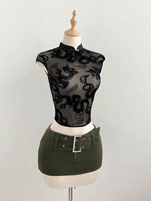 Elamini Women's Waist Buckle Design Bodycon Denim Mini Skirt - Army Green - View 1