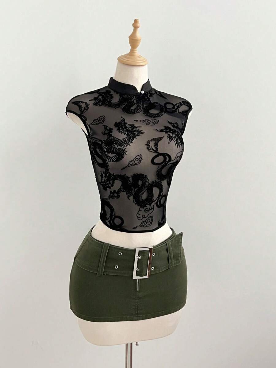 Elamini Women's Waist Buckle Design Bodycon Denim Mini Skirt - Army Green - View 1