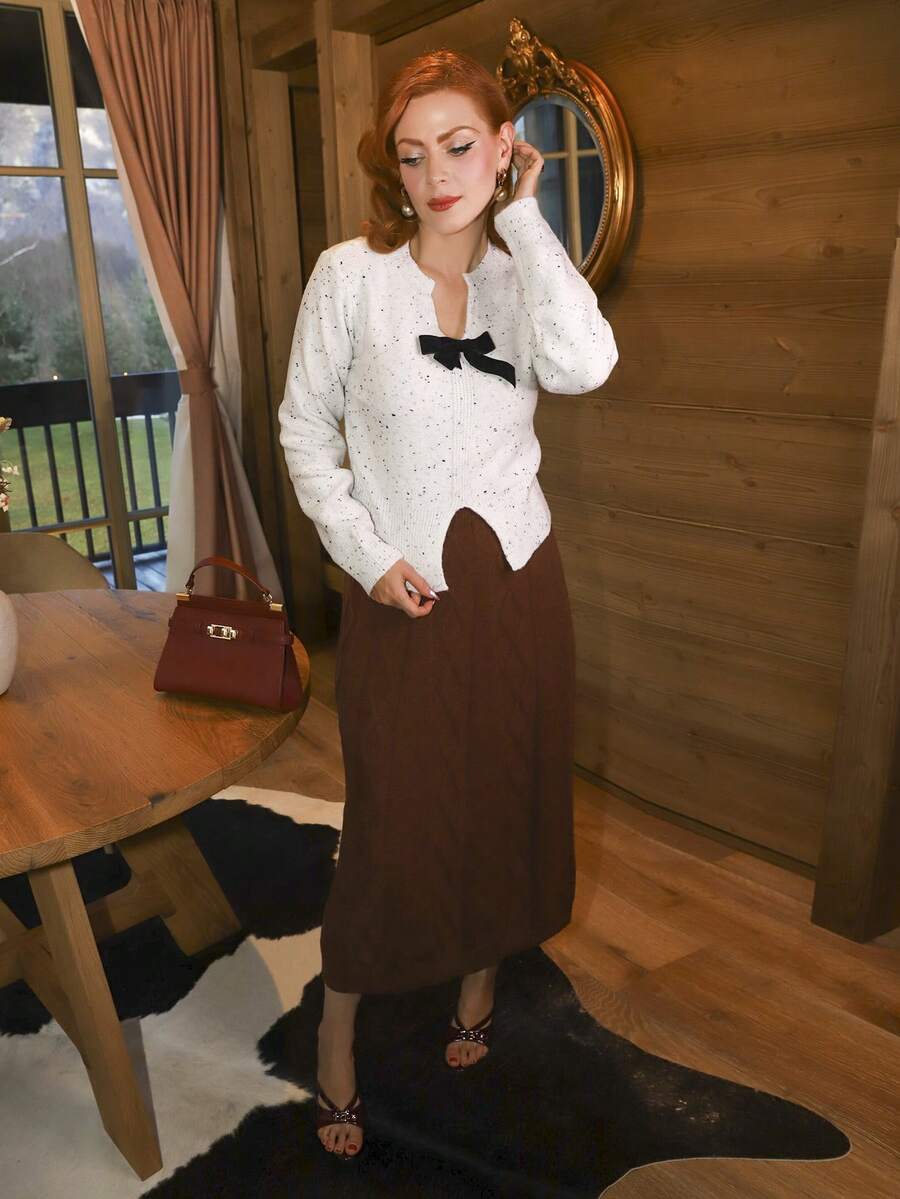 Gretanique 新款V领蝴蝶结短款毛衣，侧开衩，精致优雅，长袖上衣 - 白色 - 查看 1