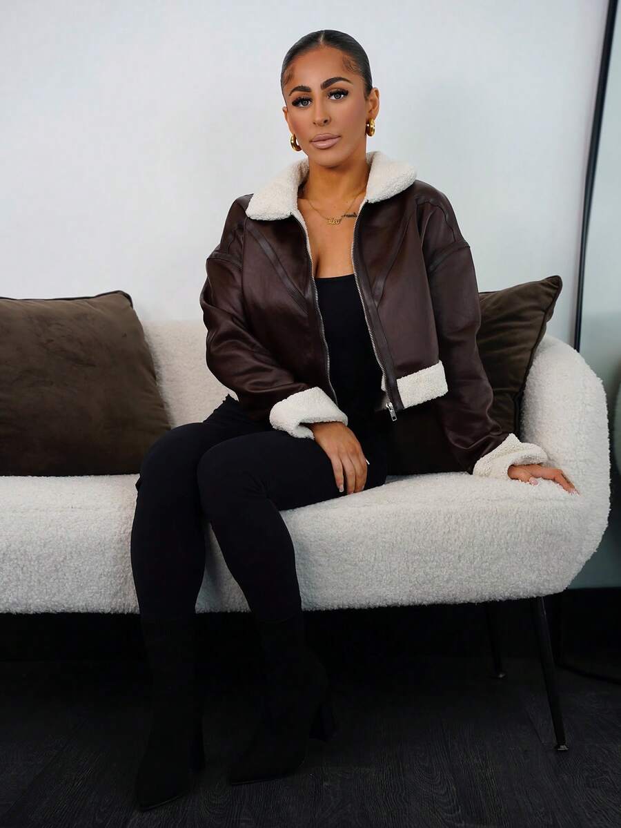 SAYEHFBABY Women's Zipper Closure Faux Fur Collar PU Leather Jacket, Long Sleeve, Autumn/Winter,Fall,Brown Jacket Casual - Coffee Brown - View 1