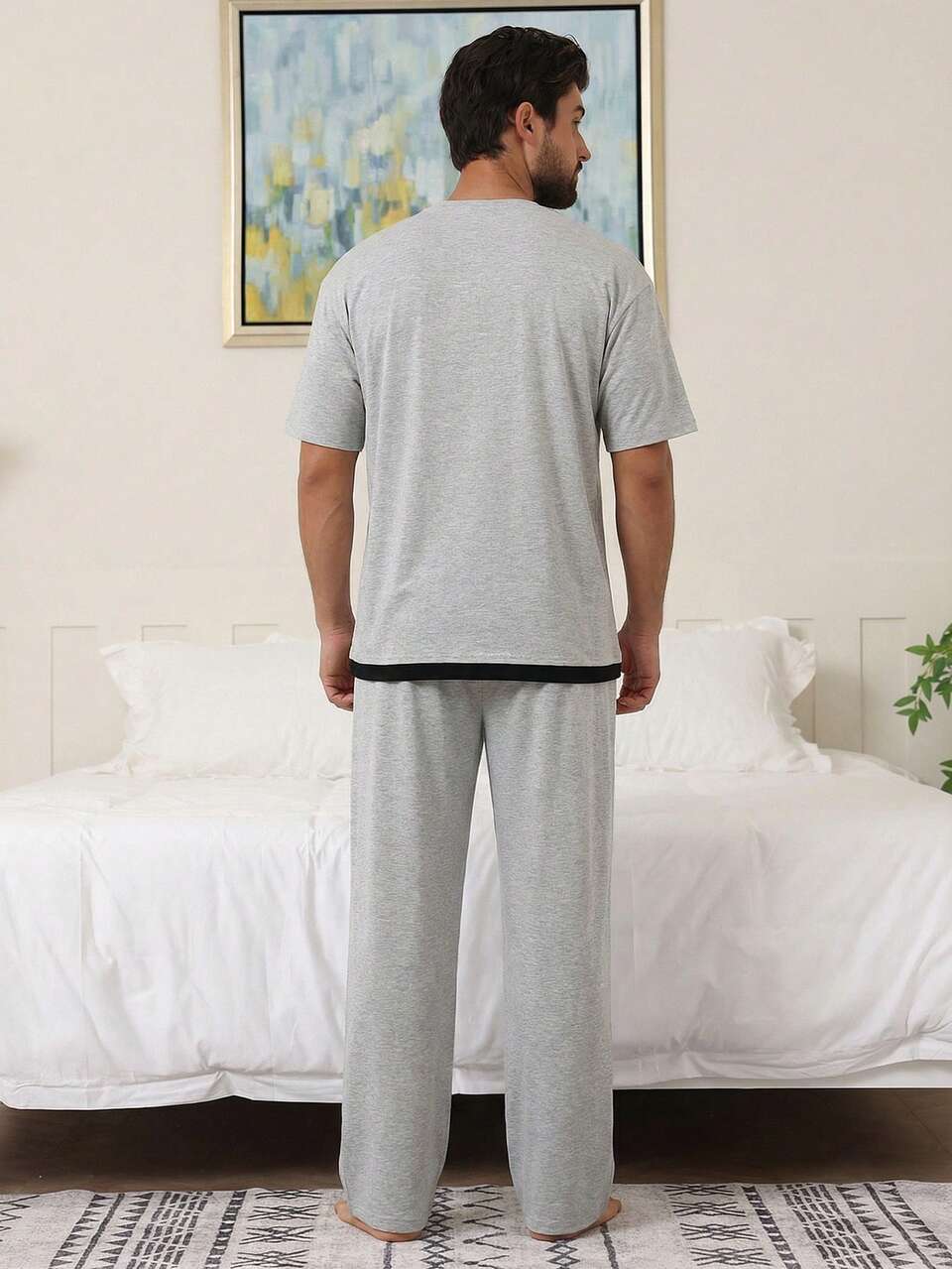 Men's Multi-Color Pajama Set With Long Pants And Short Sleeve, Spring/Summer
