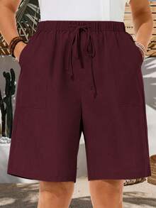 EMERY ROSE Quần short Bermuda nữ cỡ lớn, kiểu dáng thường ngày, màu trơn, thích hợp cho kỳ nghỉ hè, đi biển, có túi bên hông, dáng rộng, dài đến đầu gối, cạp trung bình, thời trang cơ bản, phù hợp cho kỳ nghỉ hè, nghỉ xuân, đi nghỉ mát, đi chơi, mẫu mới 2026, đơn giản và thời trang cho mặc hàng ngày, thích hợp cho mùa hè, kỳ nghỉ, mặc thường ngày, quần short màu đỏ rượu vang, quần short mùa hè cho nữ, quần short cạp chun, quần short thường ngày, quần short màu đỏ rượu, quần short đi biển cho nữ. - Màu Đỏ Sâu - Xem 4