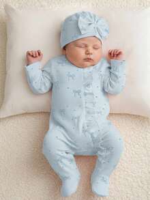 SHEIN Newborn Infant Bow Print Cute Baby Romper Jumpsuit + Hat, Autumn/Winter - Green - View 3