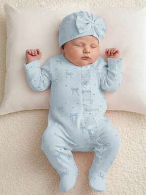 SHEIN 新生儿蝴蝶结印花可爱连体衣+帽子，秋冬款