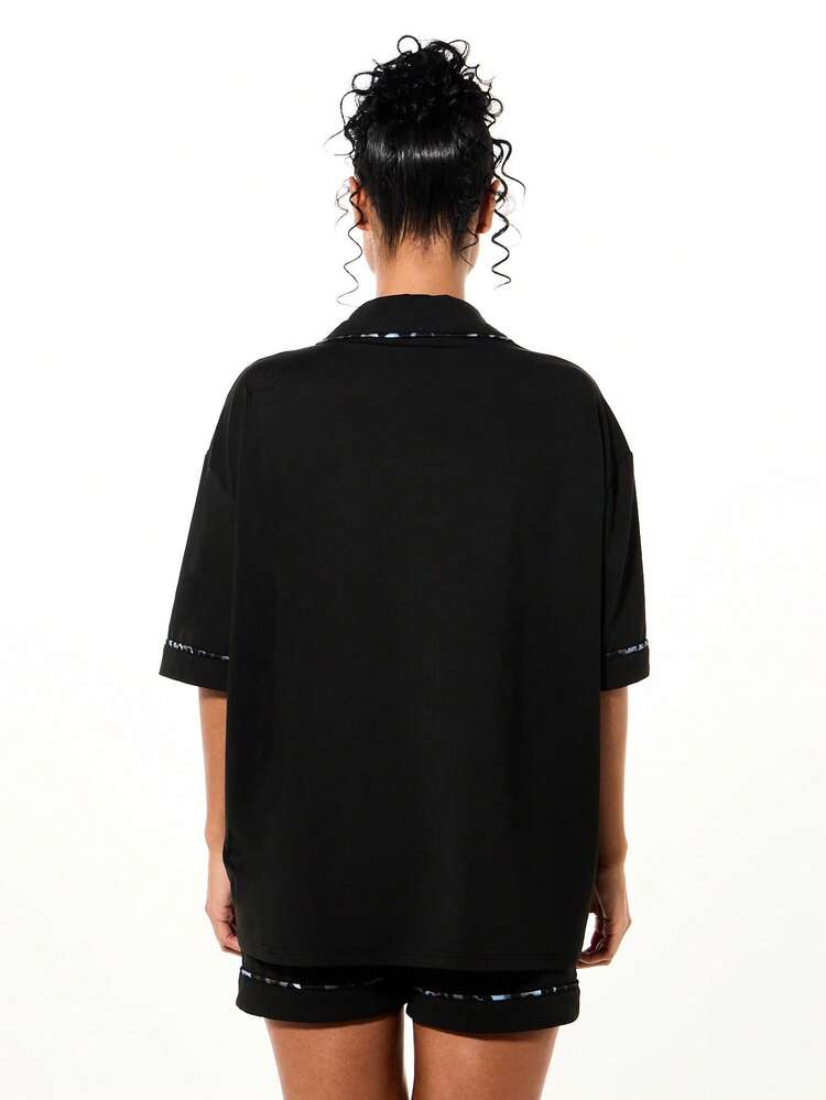 SUMWON WOMEN Satin Pajama Set With Animal Print Piping For Valentine's Day