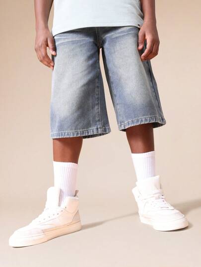 SUMWON Boys Knee Length Denim Jorts With Authentic Medium Wash And Wide Leg Loose Fit Summer Casual Shorts