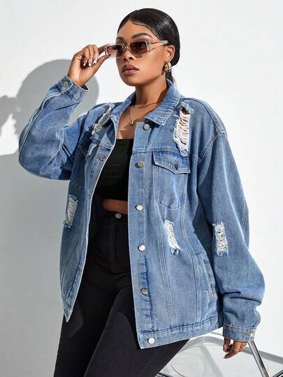 SHEIN CURVE+ Plus Size Women's Fashion Distressed Denim Jacket Oversized Plus Size Denim Jackets Blue Women Blue Jean Jacket Women Oversized Jean Jacket