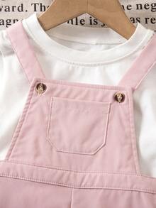 SHEIN 女婴可爱百搭休闲粉色草莓图案背带短裤 - 彩色 - 查看 4