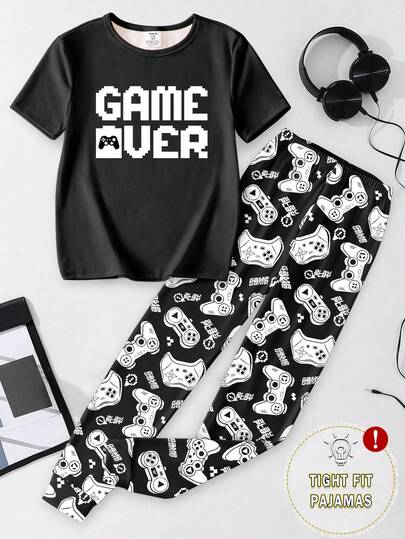 1set Tween Boys Video Game Allover Print Knit Snug Fit Short Sleeve Top And Pants Pajama Set