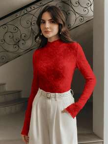 Anewsta Women's Mandarin Collar Fitted Ruched Lace Long Sleeve Blouse, Versatile Layering Top - Red - View 4