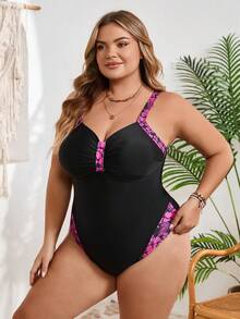 SHEIN CURVE+ Plus Size Women One-Piece Swimsuit, Printed Patchwork Design, Suitable For Summer Vacation - Black - View 5