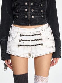 ROMWE Grunge Punk 航海朋克金属铆钉锚图案做旧低腰迷你牛仔短裤 - 白色 - 查看 4