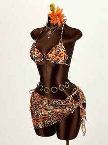 Mistrie Bộ bikini gợi cảm buộc dây cổ họa tiết da báo dành cho nữ mùa hè, kèm áo khoác ngoài và váy. - Nhiều màu - Xem 4