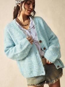 Bohemela Áo khoác cardigan dệt kim dáng rộng, phong cách vintage thường ngày, thích hợp cho mùa Thu/Đông. - Màu xanh nhạt - Xem 8