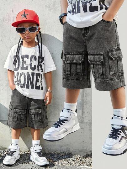 SHEIN Tween Boy Fashion Casual Vintage Y2k Comfortable Cut Out Ripped Frayed And Multi-Work Pocket Design Blue Loose Work Denim Shorts For Kids Clothes Boys Soft Dailywear And Kids Summer And Spring Rave Outfits Festival And Beach Outfits Clothes