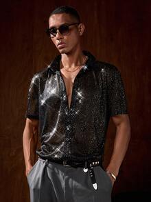 AKNOTIC Business Casual 男士时尚性感透视金属箔短袖衬衫，夏季 - 金色 - 查看 4