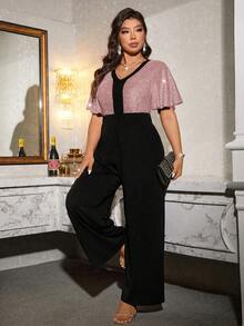 SHEIN Clasi Plus Size Women V-Neck Metallic Thread Patchwork Short Sleeve Jumpsuit, Prom - Multicolor - View 4