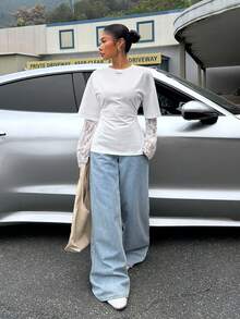 Muchica Women's White Knit Waist Design Contrast Lace 2 In 1 T-Shirt For Going Out Outfits, Streetwear, Y2K Clothes, White Top With Lace Sleeves - White - View 4