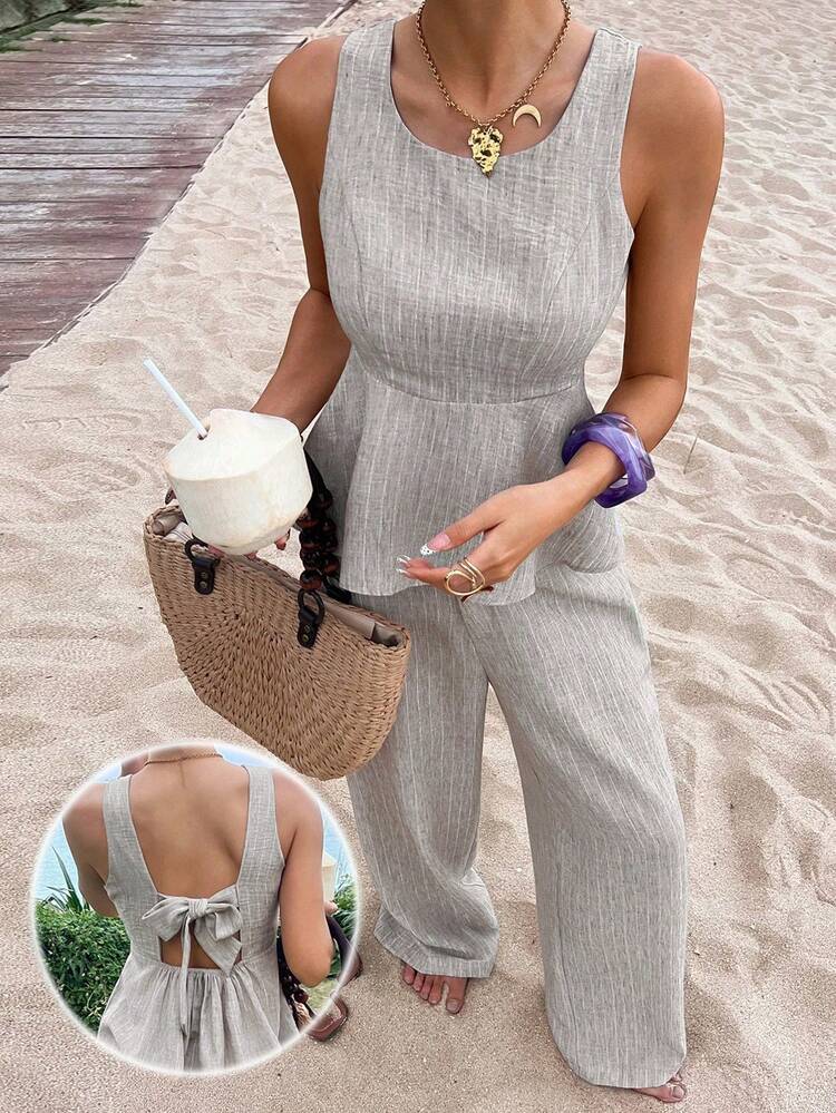 2pcs/Set Women Casual Vacation Bow Tie Sleeveless Striped Top And Straight Leg Pants Suit, Spring/Summer