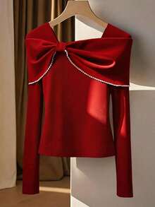 Franclia Petite Women's Elegant Burgundy Red Bow Decor Fitted Long Sleeve T-Shirt,Autumn Off Shoulder Top For Dinner Date,Commuter Wine Red Top ,Petite Women - Burgundy - View 5