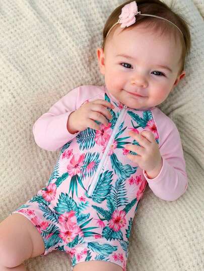 SHEIN Lindo traje de baño de top de tirantes con estampado casual, simple y adorable para niña bebé, perfecto para salidas, vacaciones y primavera/verano.