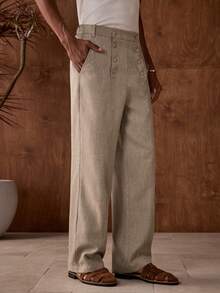 AKNOTIC 男士梭织休闲宽松直筒纯色长裤 米色男士长裤 男士阔腿裤 男士高腰裤 男士褶裥西装裤 宽松工装裤 男士亚麻裤 - 卡其色 - 查看 5