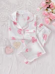 Set de 2 piezas de pijama casual de niña joven con cárdigan de manga corta y pantalones con estampado de corazón y cinta de satén color rosa claro - Blanco - Ver 1