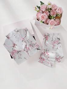 两件套女童优雅白色碎花印花翻领开衫和休闲裤舒适家居服