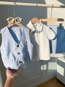 SHEIN 3pcs Young Boys Light Blue Plaid Vest,Shorts,Shirt With Bow Tie Set,Traditional Wedding Guest Outfit For Birthday Party,Christening & Formal Occasion - Blue - View 3