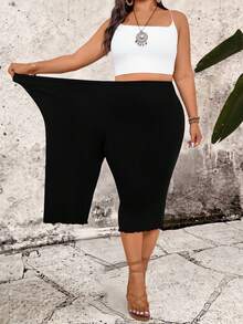 SHEIN PETITE CURVE 大码女式休闲抽绳腰针织七分裤 - 黑色 - 查看 5