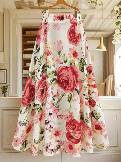 GlowEve CURVE Plus Size Women Elegant Floral Print A-Line Skirt