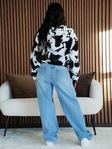 SAYEHFBABY 女式秋季新款奶牛印花蓬松连帽开衫夹克 - 黑與白 - 查看 2