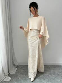 Selianne Váy Maxi dài chấm bi đuôi cá đính sequin thanh lịch và lãng mạn dành cho nữ dự tiệc ngày lễ - Màu be - Xem 4