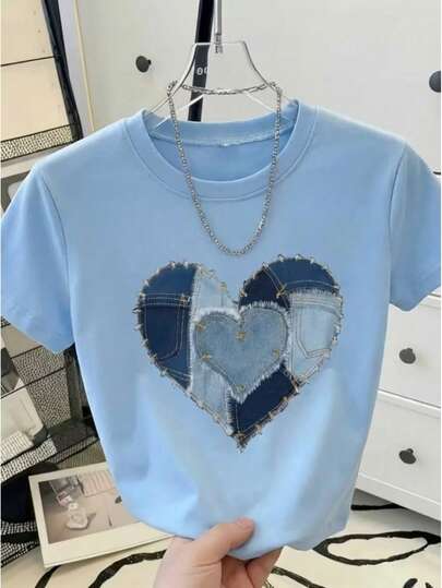 Camiseta blusa playera grafica dama mujer casual manga corta cuello redondo básica estampado corazón corazones estilo imitación mezclilla denim vaquero diario día noche san Valentín día de los enamorados suave corte regular cómoda fresca ligera moderna juvenil y2k aesthetic