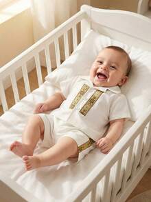 SHEIN Newborn Baby Boy Short Sleeve Geometric Pattern Set,Gold Summer Wedding Guest Party Wear Baptism Outfits,Designer Church Clothes Casual Outfit - Multicolor - View 4