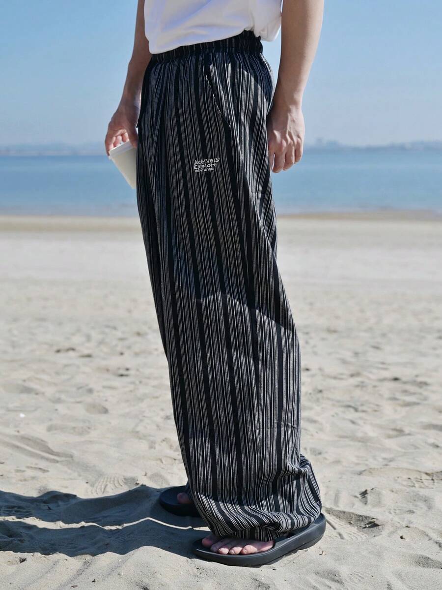 DAZY 男士黑色字母刺绣纹理面料长裤，春夏款 - 黑色 - 查看 1