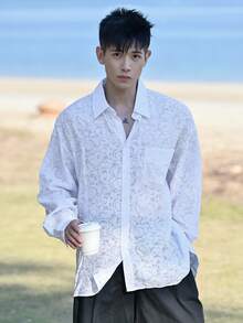 DAZY 男士纯色长袖单排扣休闲口袋衬衫，春夏款 - 白色 - 查看 7