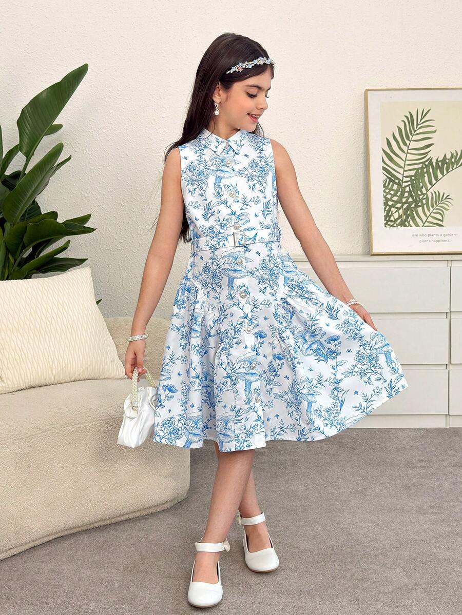 SHEIN 少女休闲时尚通勤修身蓝白印花衬衫领拼接连衣裙 - 藍白色 - 查看 1