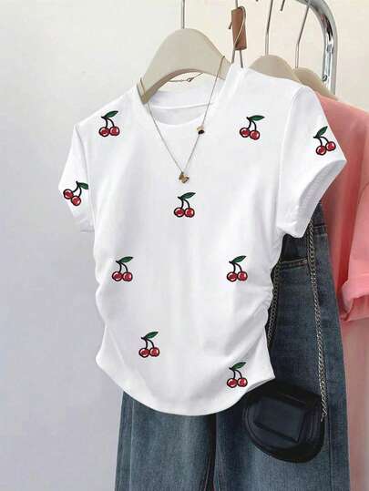 Resyla Camiseta de manga corta que estiliza la cintura para mujer, con diseño de estampado de cerezas pintadas a mano, adecuada para citas, compras, actividades al aire libre, uso casual, estudiantes, vuelta al colegio, maestros, versátil