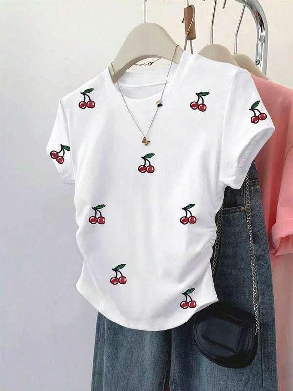 Resyla Women's Waist Slimming Short Sleeve T-Shirt, Sweet Hand-Painted Cherry Print Design, Suitable For Dates, Shopping, Outdoor, Casual Wear, Student, Back To School, Teacher, Versatile