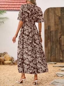 Breezaya Đầm maxi nữ kiểu dáng thắt nút xoắn phía trước, in hoa, xẻ tà bên hông, hở lưng. - màu nâu - Xem 2