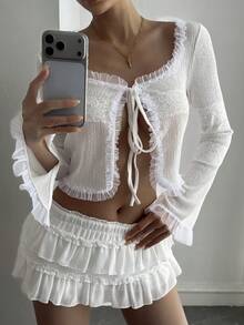 DAZY Women's White Cropped Top With Lace Trim, Tie Front, Hollow Lace Texture, Ruffle Hem, Bell Sleeves, Mesh Fabric, Long Sleeve T-Shirt, Suitable For Summer And Spring - White - View 7