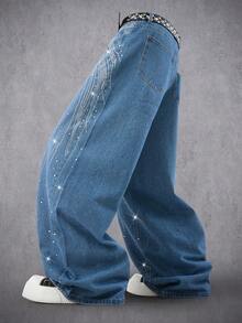 Manfinity Denimwave 时尚水钻装饰牛仔阔腿裤，男女皆宜的街头服饰 - 藍色 - 查看 3